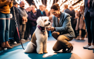 A nervous but excited dog owner kneels, adjusting a show leash on their perfectly groomed dog. They are surrounded by the bright lights and bustling crowds