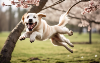 A playful dog leaping high in the air to bite a spring pole toy hanging from a sturdy tree branch.