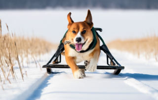 A dog pulling a heavy sled with enthusiasm, in a field.