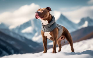 A majestic pitbull standing proudly, wearing a stylish and functional winter jacket, its fur glistening against the backdrop of a snowy mountain landscape.