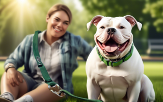 A photorealistic image of an American Bully dog with a friendly expression, sitting next to its owner. The owner is holding a leash and smiling. The backgr