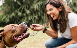 A photo of a woman holding a treat in front of a pitbull's nose while the dog sits calmly. The woman is smiling and the dog is looking at the treat. The pi