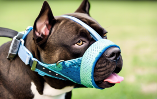 A friendly American Bully dog wearing a comfortable and secure muzzle, with a soft padded lining and adjustable straps, surrounded by soft and calming colo