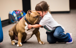 A professional dog trainer teaches an American Bully therapy dog how to comfort a child who is feeling anxious.