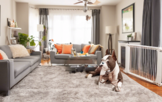 Interior of a living room with dog-proofed features such as furniture covers, baby gates, and chew-resistant toys, preparing the space for a pitbull puppy.