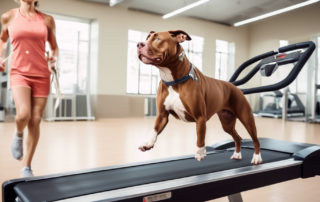 A muscular pitbull dog running on a treadmill next to a nutritionist holding a clipboard with a list of food options.